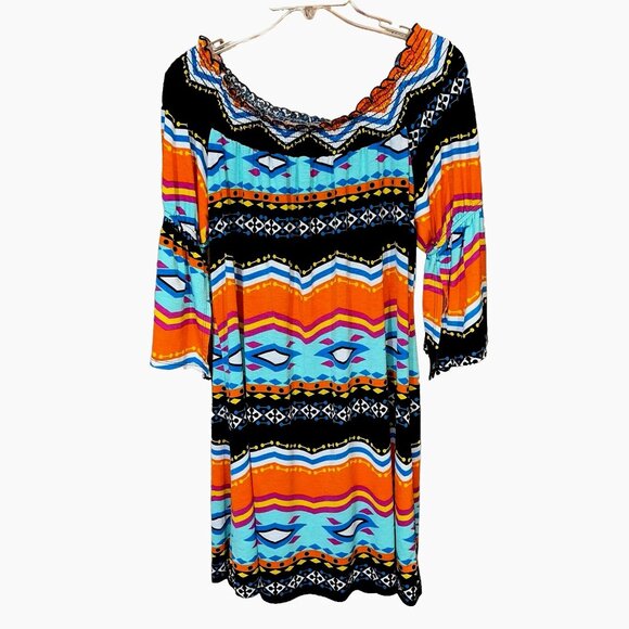 Boho Aztec Tribal Off-Shoulder Resort Dress XL Multicolor Beach Vacation Style - Picture 1 of 5